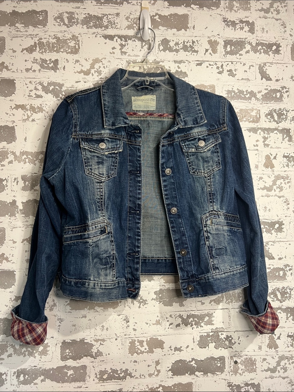 Aeropostale Distressed Medium Blue Denim Jacket with Plaid Cuffs